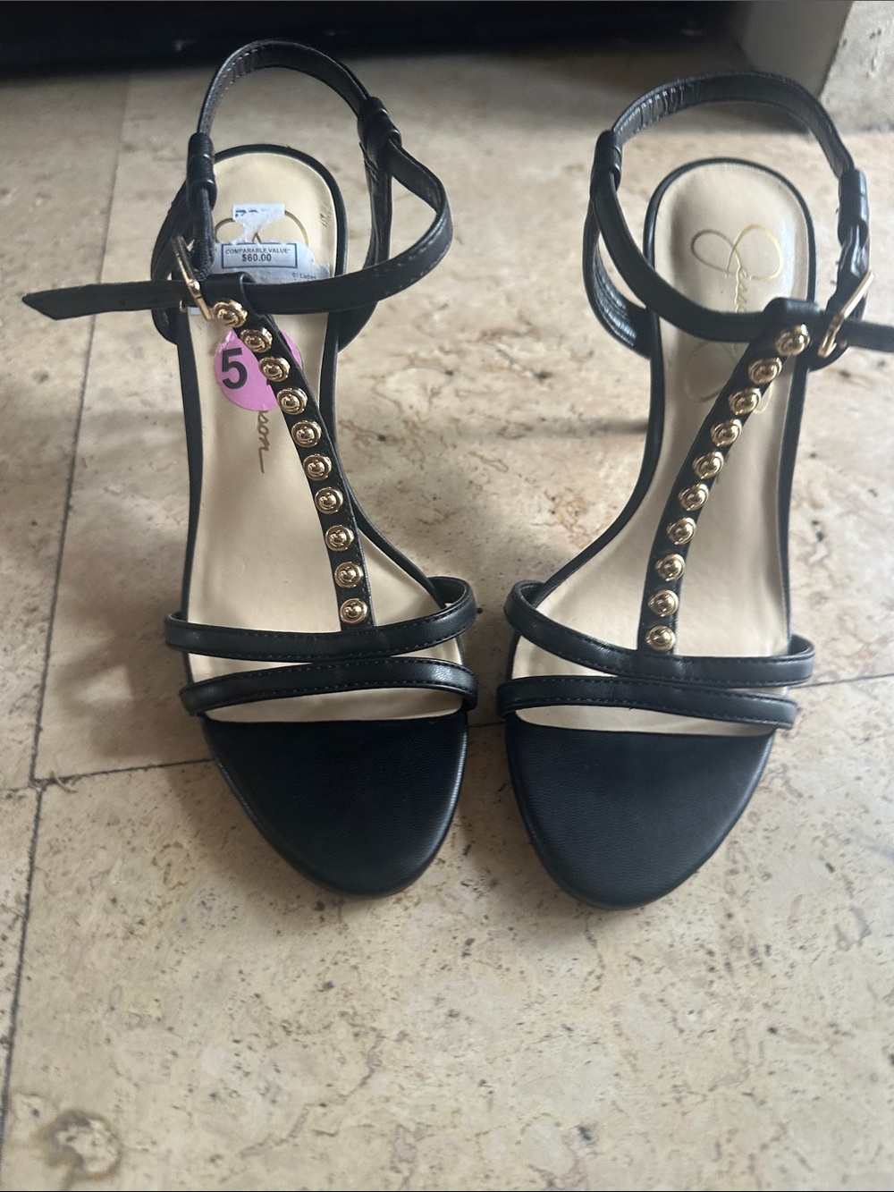 Jessica Simpson Black T-Strap Studded Women's Sandal size 5.5